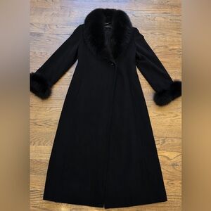 Ellen Tracy Black Wool Long Coat Genuine Fox Fur Collar & Cuffs Size 8 Elegant